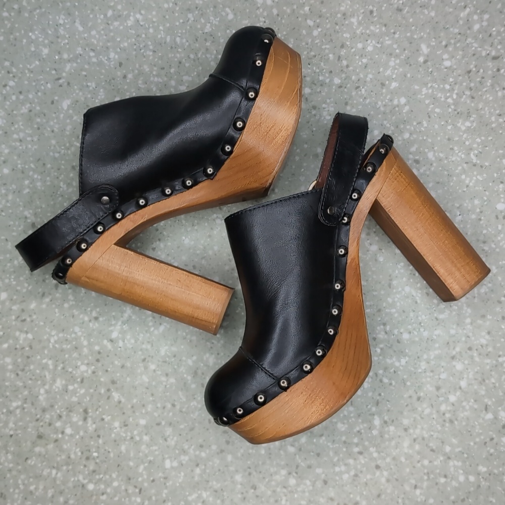 Woodies by Jeffrey Campbell platform slingback black leather mules size 39